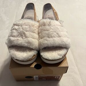 Faux Fur Slide Sandals in Cream & Brown - Women's Comfort Slides